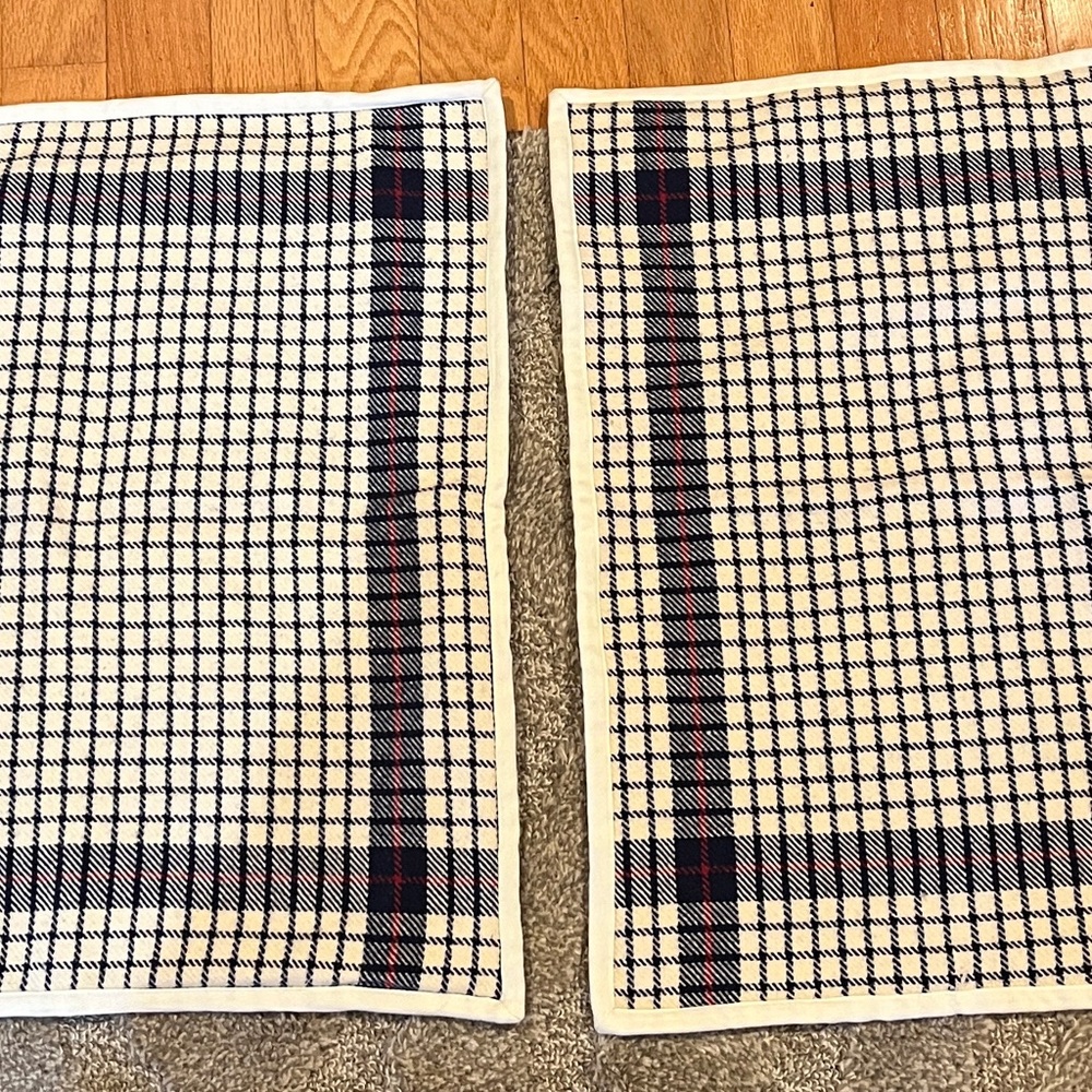 EUC Lot of 2 Lauren Ralph Lauren Cream and Navy Plaid 100% Wool Pillow Shams